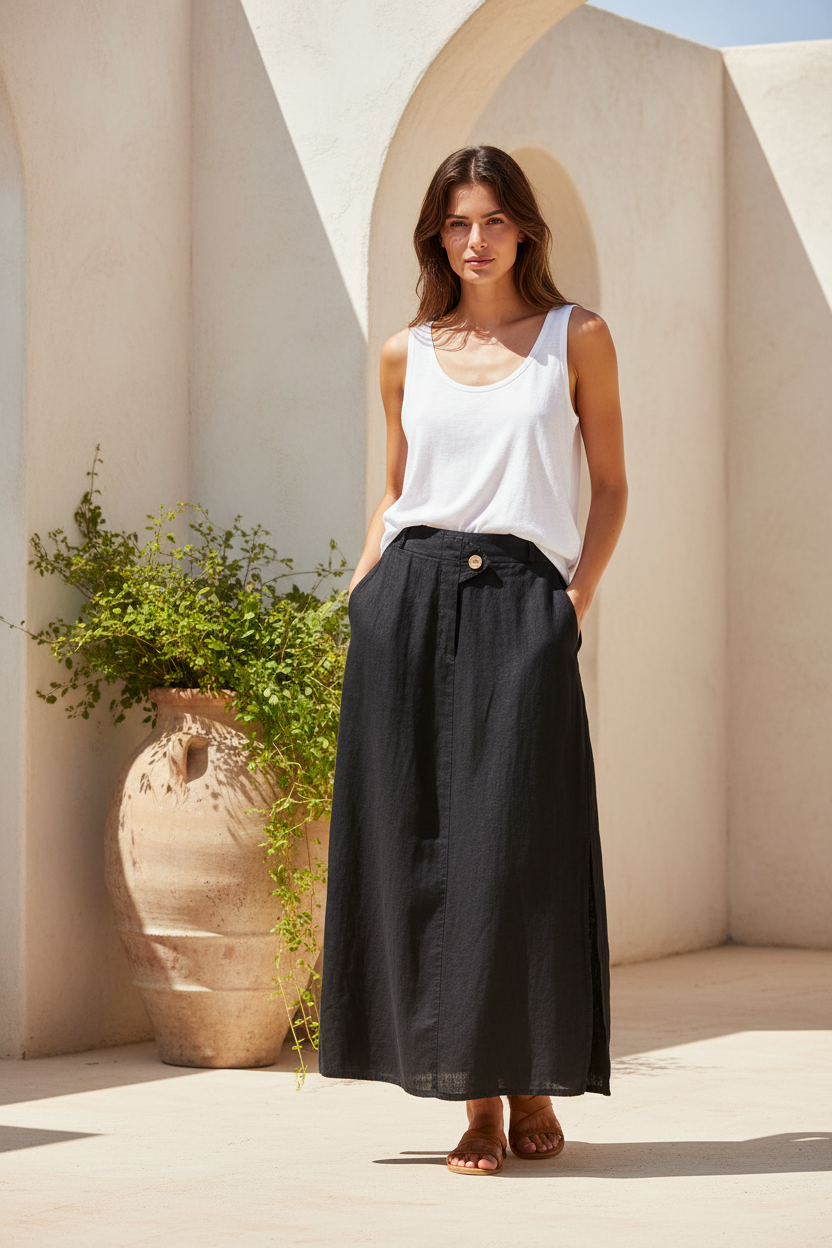 Black Linen Maxi Skirt