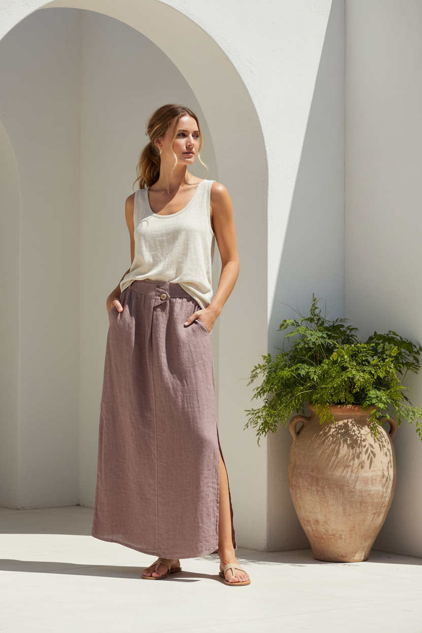 Dusty Rose Linen Maxi Skirt on Model