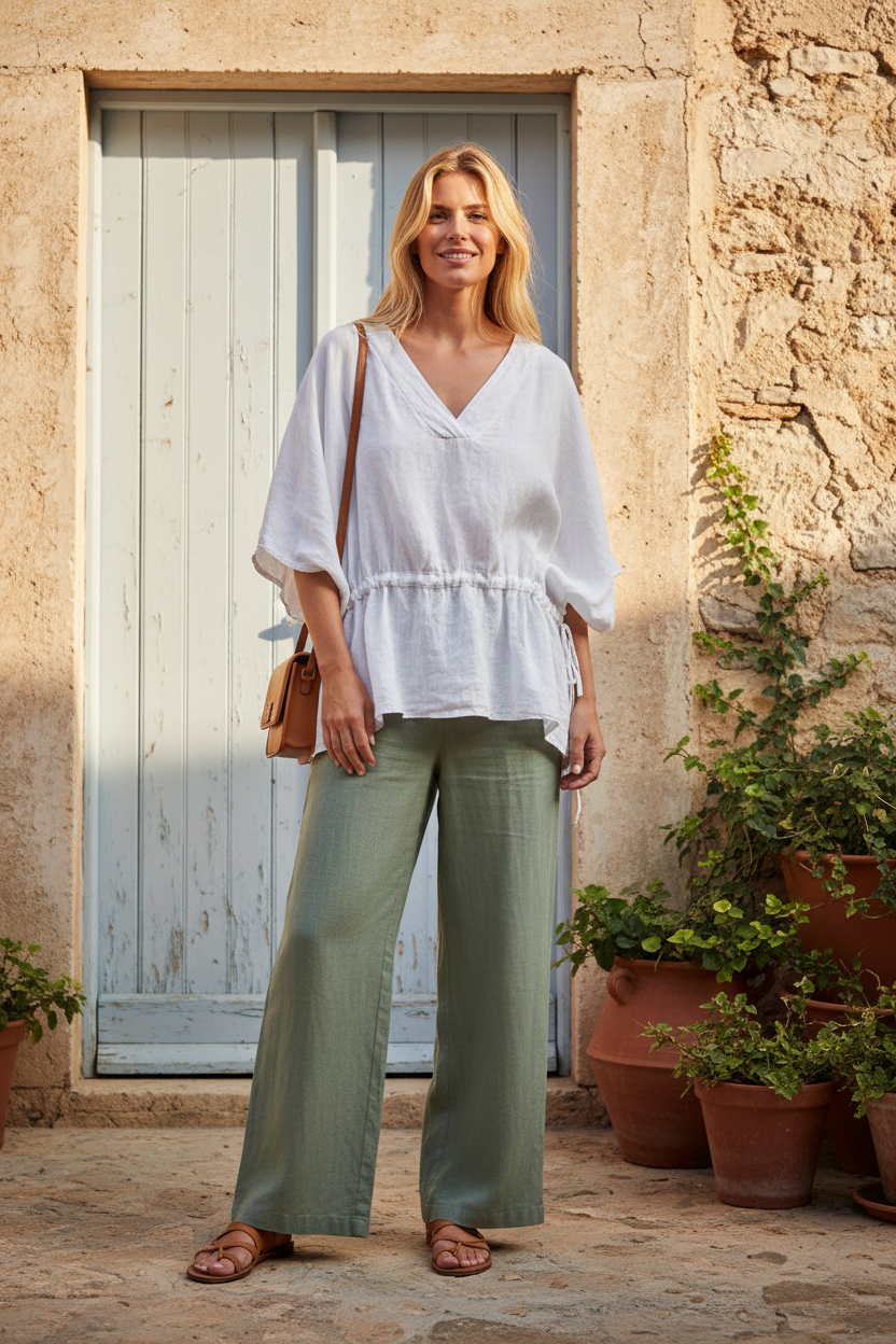 Linen Kimono Top – White, Blue Door Background
