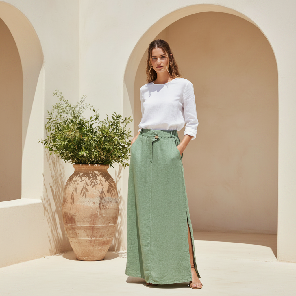 Linen Maxi Skirt - Sage Green Square