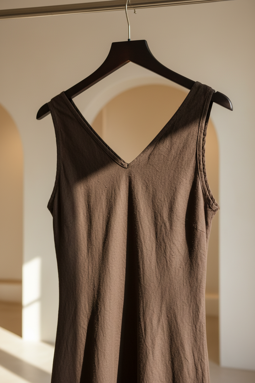 Luca Sleeveless Linen Dress in Brown - close up wall shot
