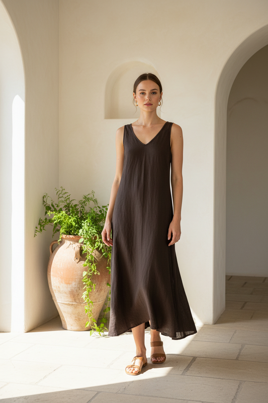 Luca Sleeveless Linen Dress in Brown - gentle drape