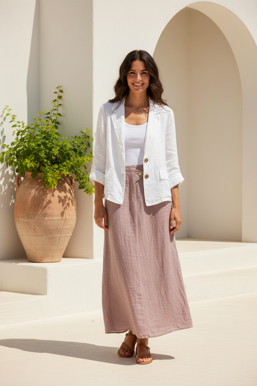 Monaco Linen Blazer - White with Mauve Skirt
