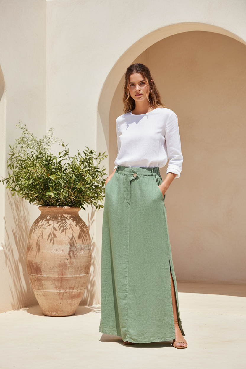 Sage Green Linen Maxi Skirt