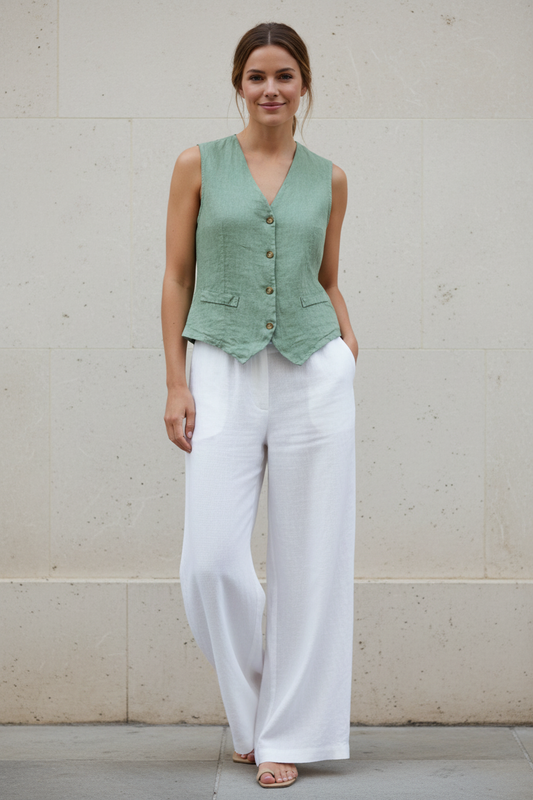 Sage green linen vest on model neutral light