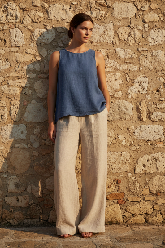 Verona Linen Sleeveless Top denim blue modest neckline