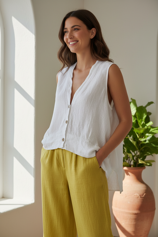 White linen vest mustard linen trousers fresh generation