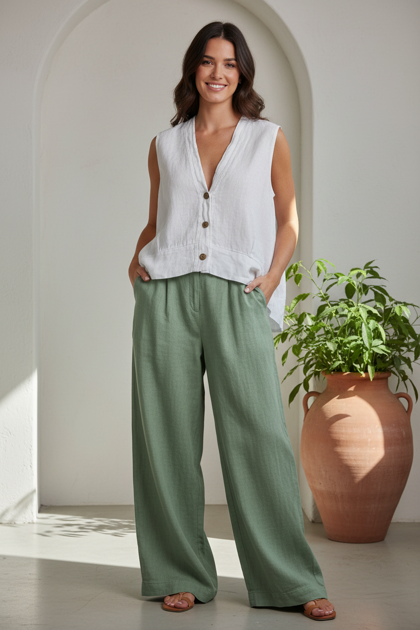 White linen vest with deep sage green wide-leg trousers