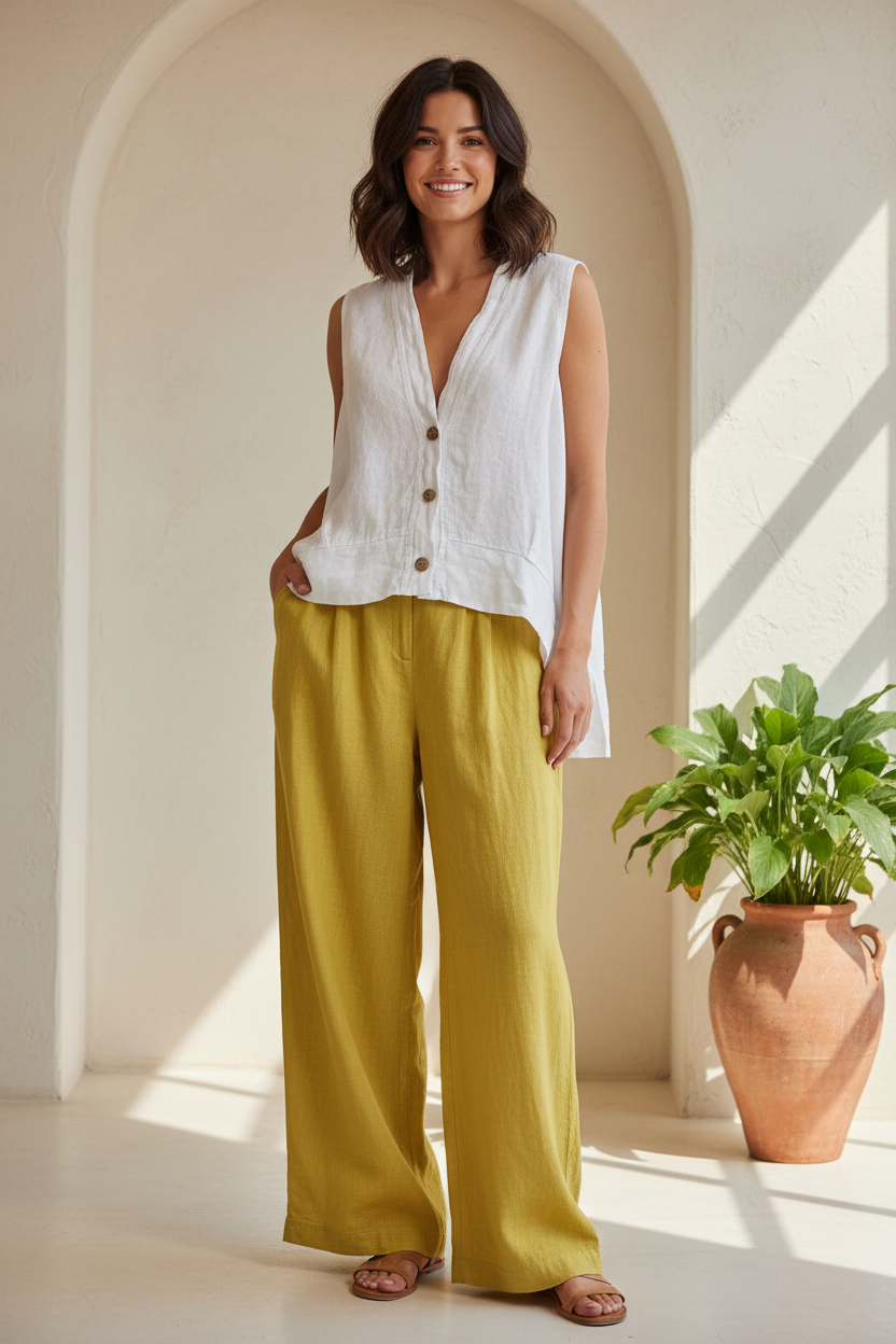 White linen vest with full length wide leg mustard trousers