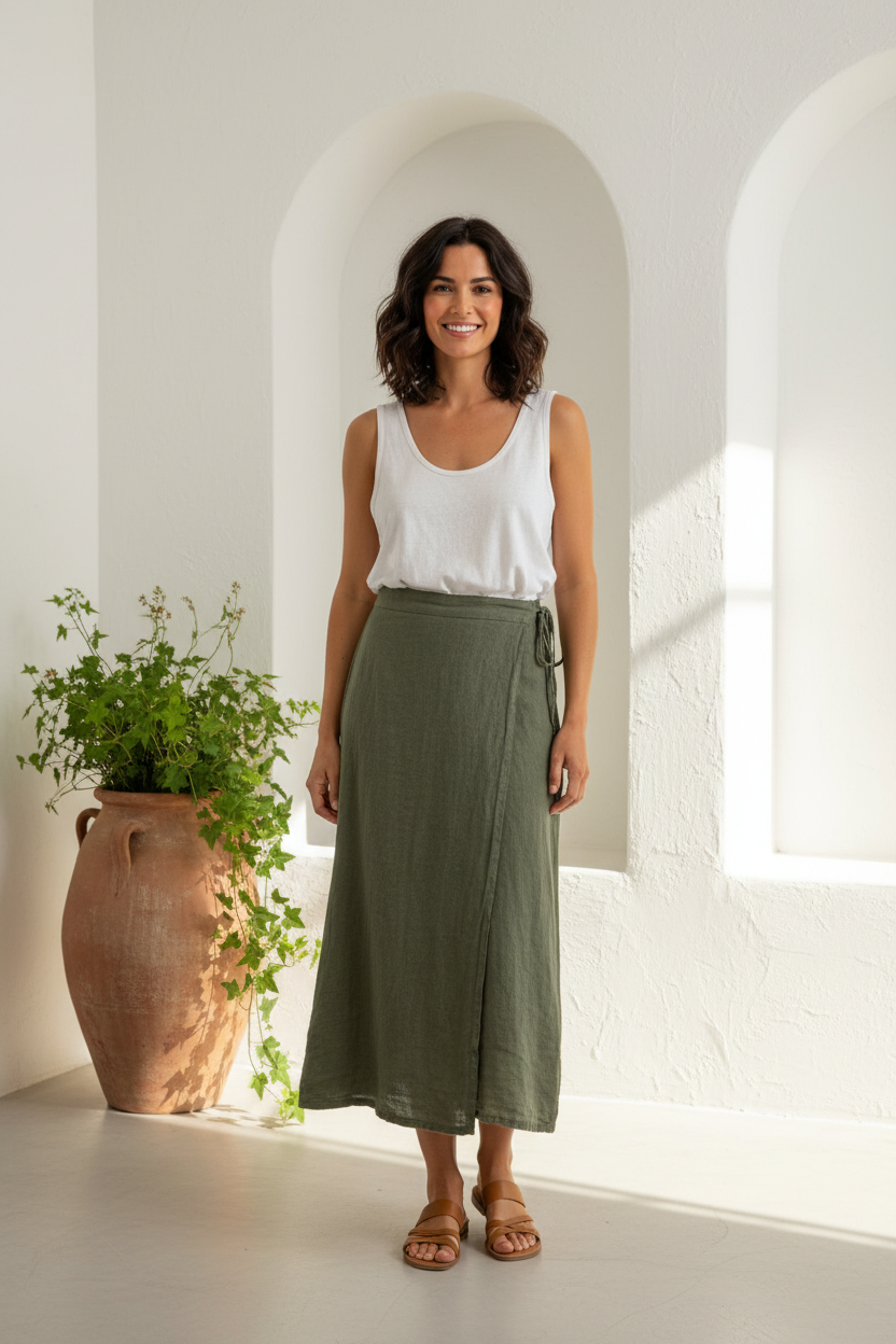 Wrap Linen Skirt - Olive